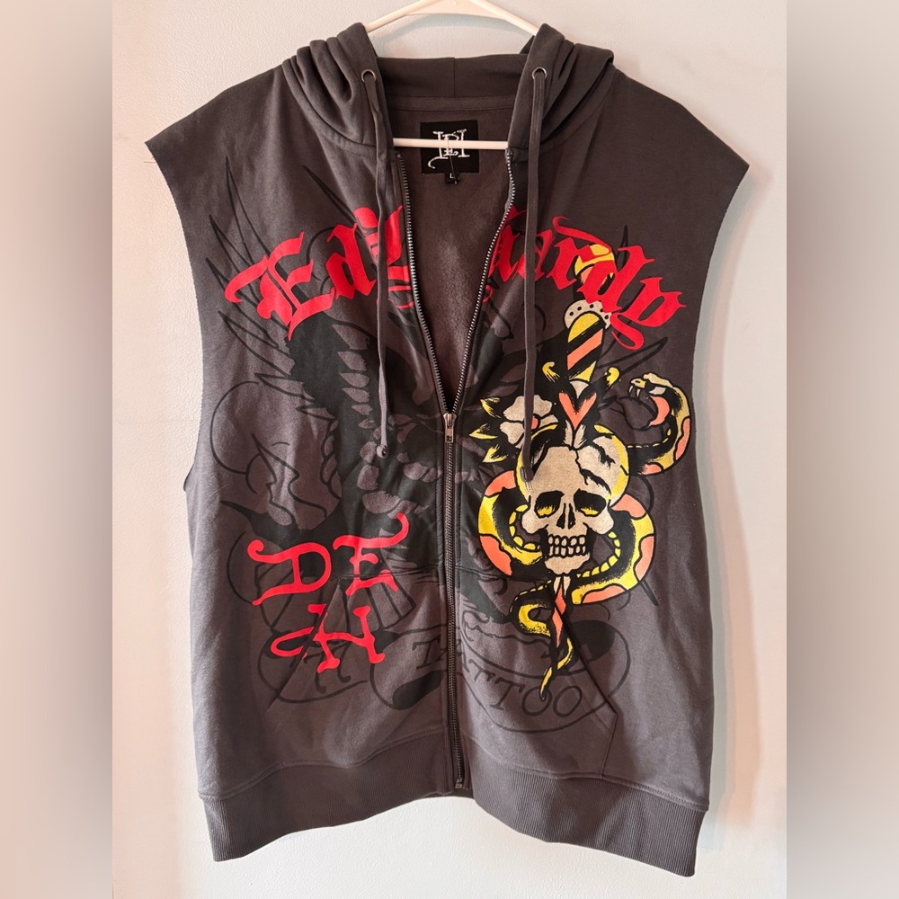 BRAND NEW Ed Hardy Vintage Academia Retro Streetwear Grey Hooded Zip Vest